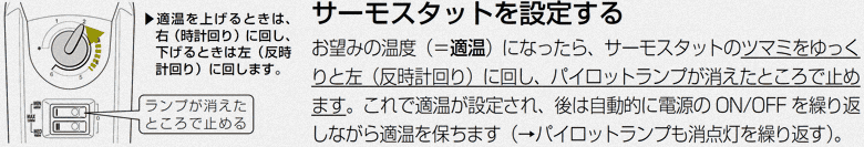 適温を上げるときは、右（時計回り）に回し、下げるときは左（反時計回り）に回します。ランプが消えたところで止める。サーモスタットを設定する
お望みの温度（＝適温）になったら、サーモスタットのツマミをゆっくりと左（反時計回り）に回し、パイロットランプが消えたところで止めます。これで適温が設定され、後は自動的に電源のON/OFFを繰り返しながら適温を保ちます（→パイロットランプも消点灯を繰り返す）。