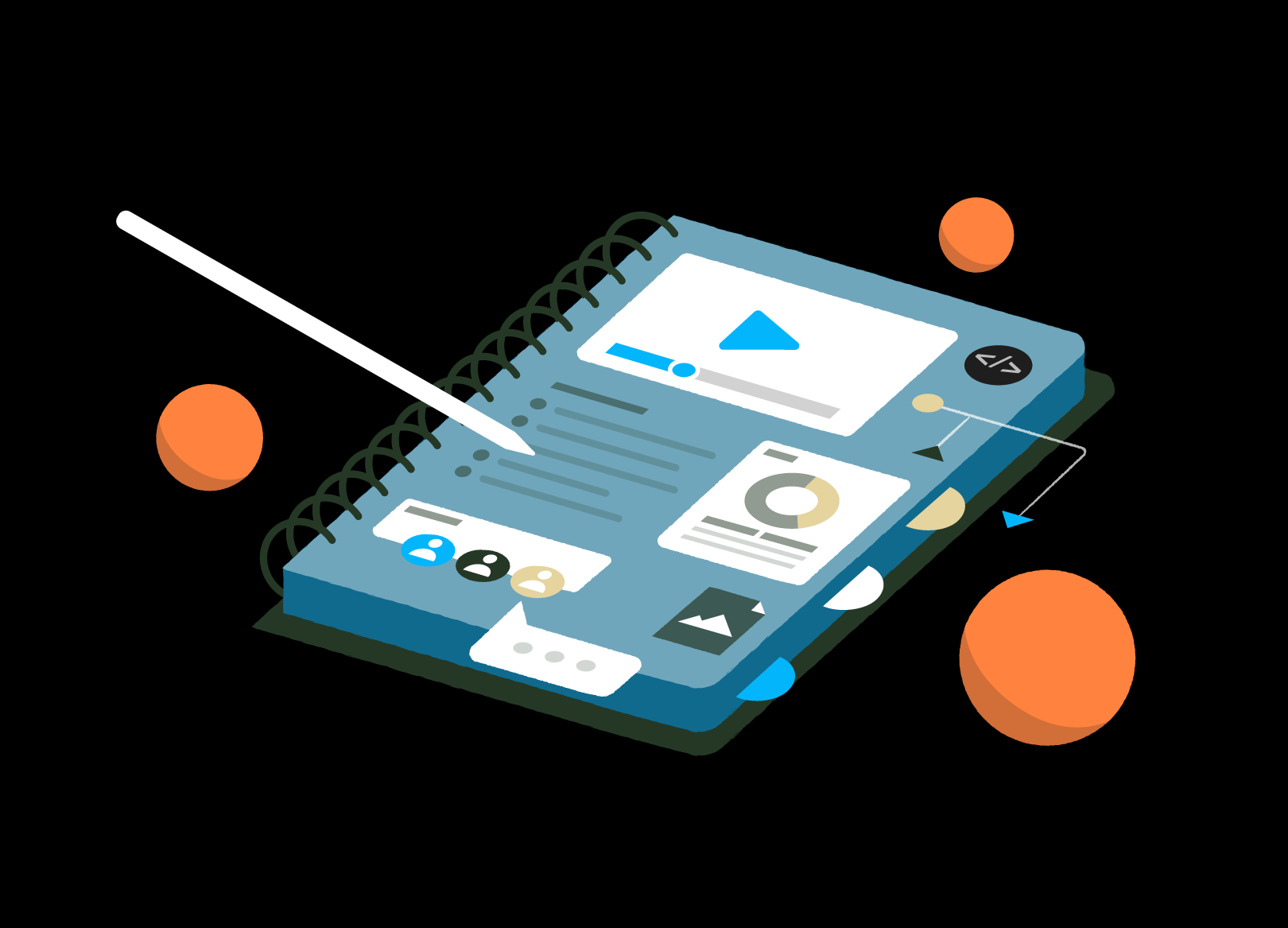 Asial - Custom Illustrations - Education industry page: A new type of notepad device which includes multimedia capabilities.
