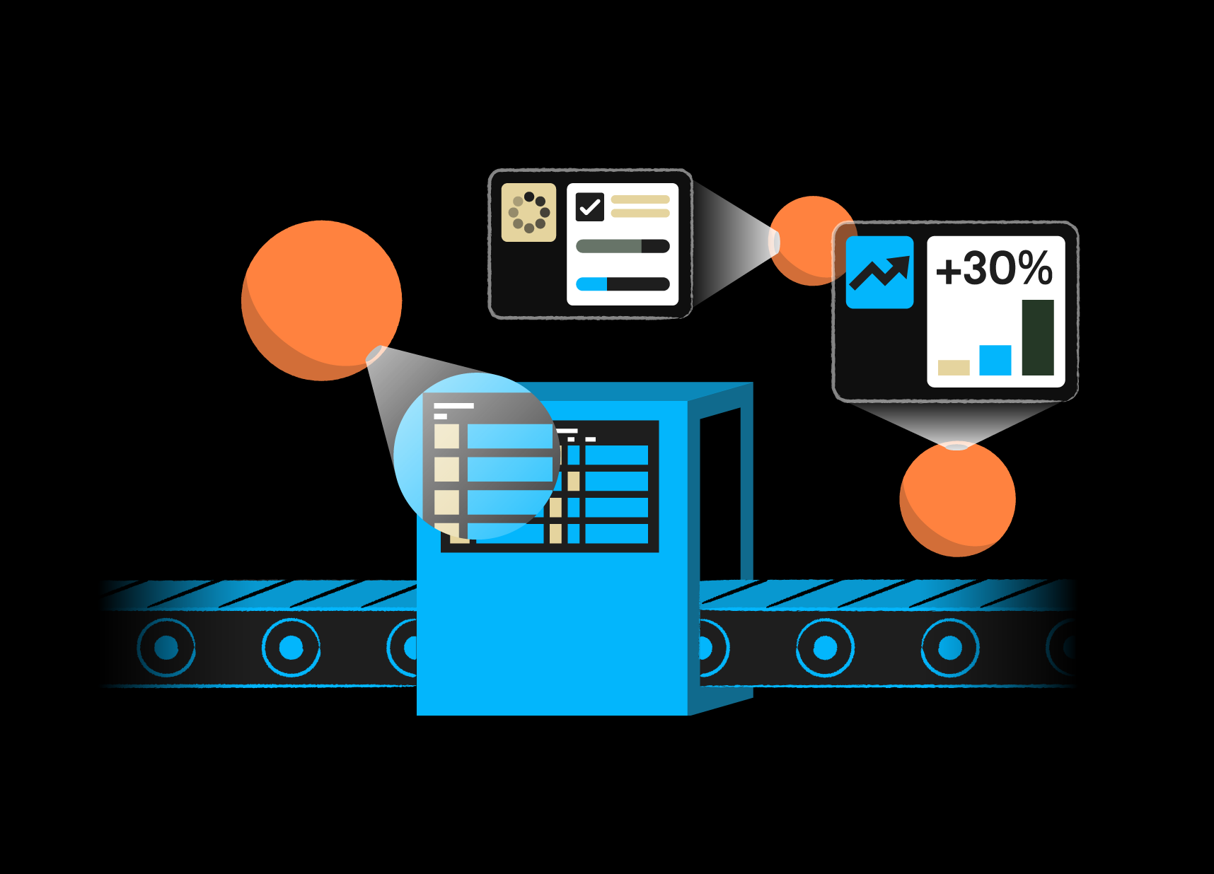 Asial - Custom Illustrations - The manufacturing page illustration visualizes a assembly machine which is under constant monitoring for refinement and identifying new efficiencies to reduce costs