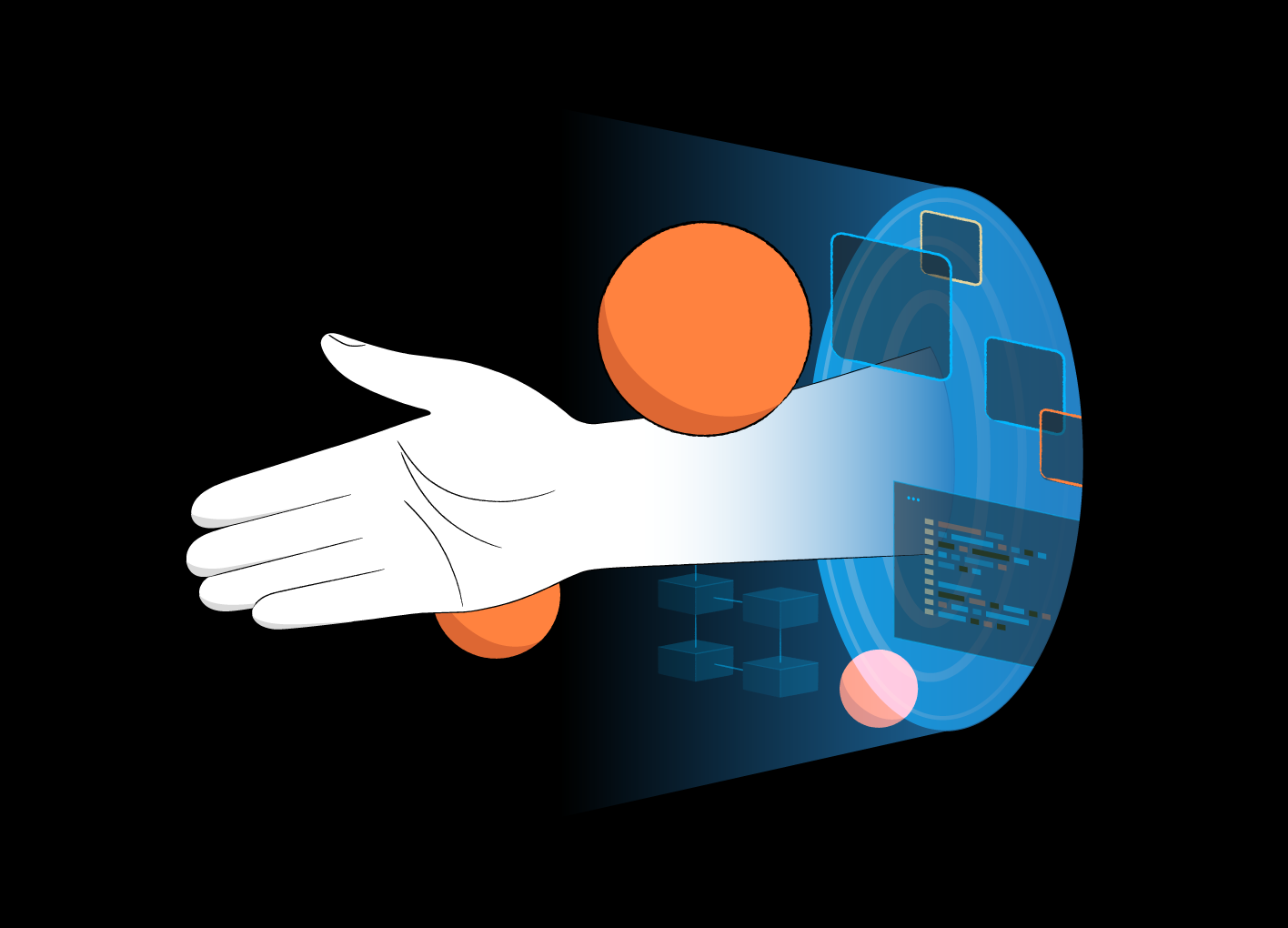 Asial - Custom Illustrations - The contact page features an illustration with a helping hand reaching out from the 'tech side.'