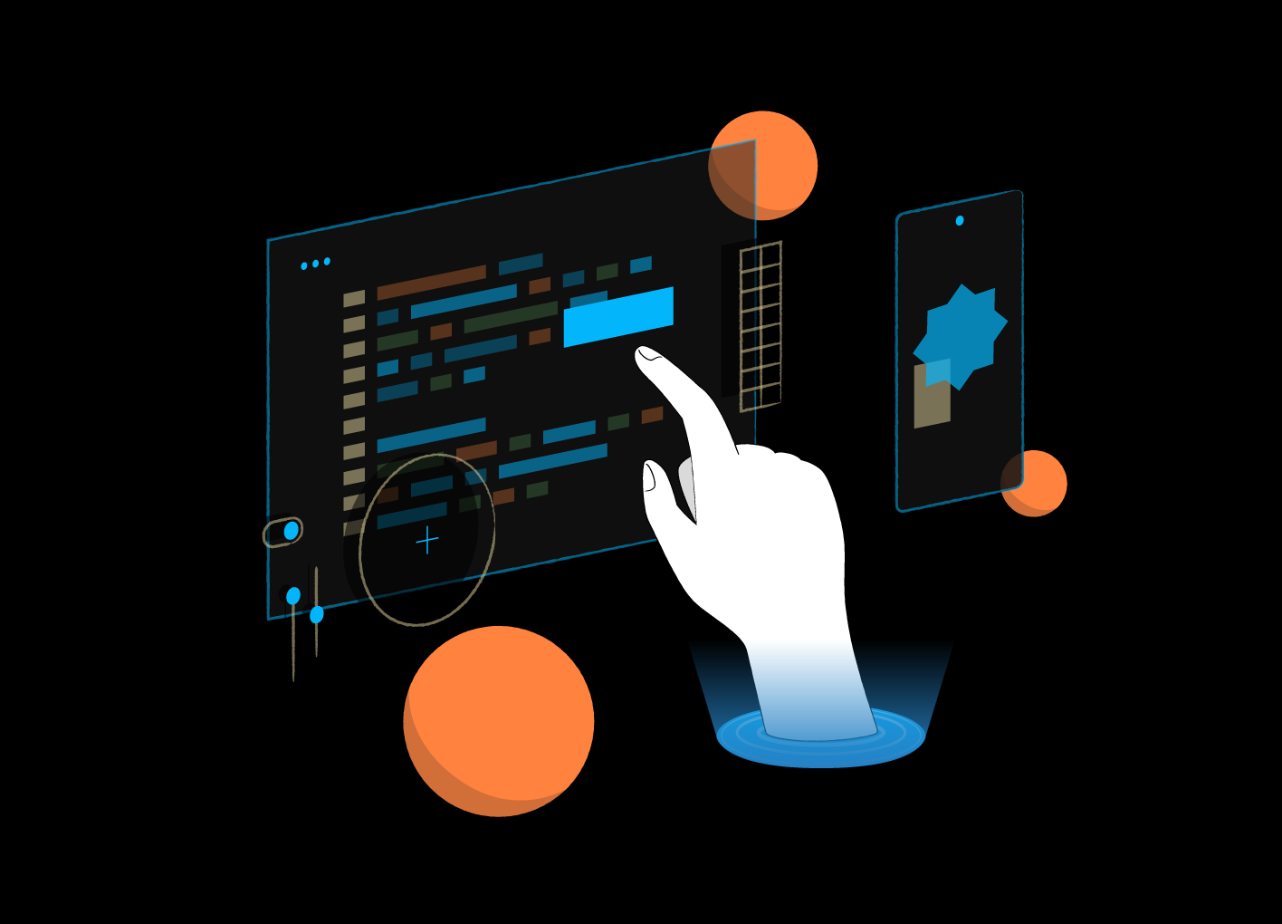 Asial - Homepage: A future mobile software development workspace with floating panels and operated with smooth touch interactions.
