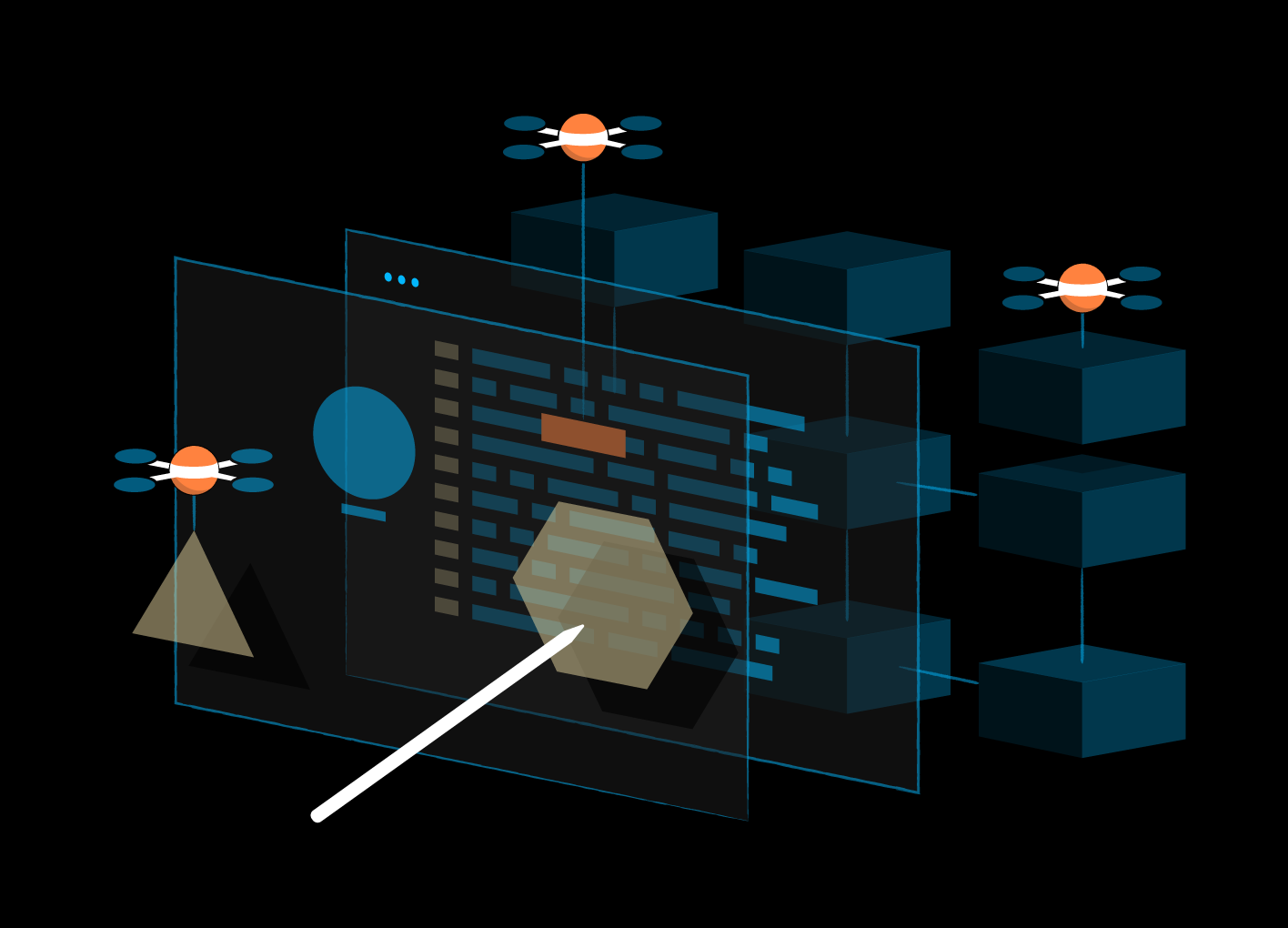 Asial - Homepage - Custom Illustrationen - Homepage: Skill Set and Experience - Drones assembling a website, each one takes care of certain areas such as UI design, software code and infrastructure.
