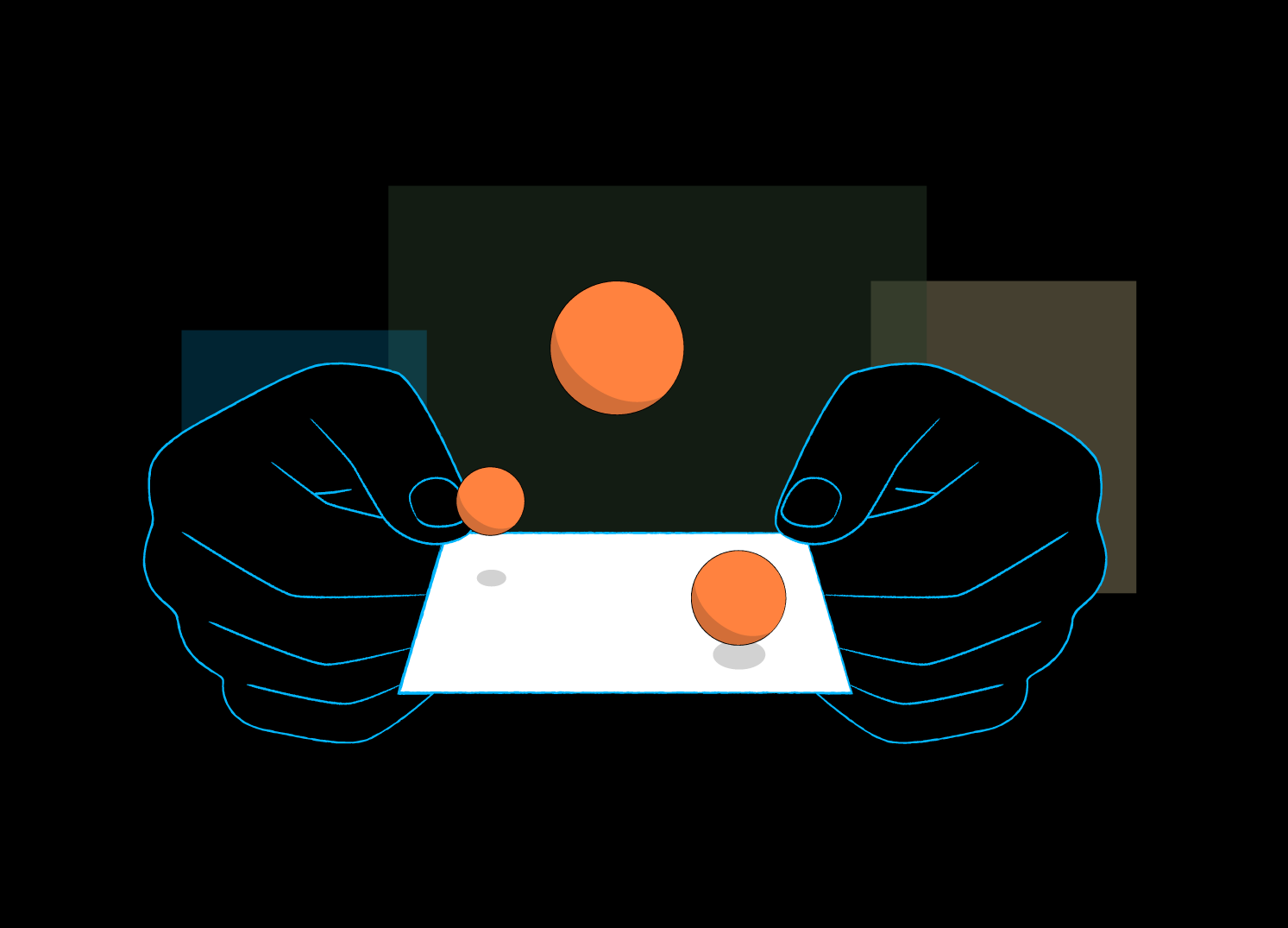 Asial - About Page: A holographic business card projects the three orange Asial orbs.