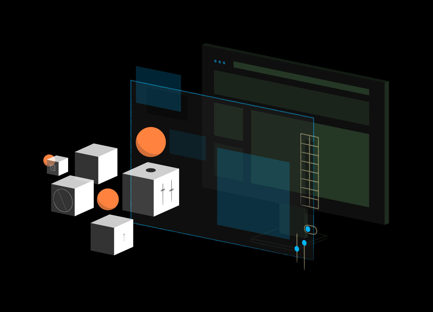 Process page: A journey through the history of user interfaces: Current screen based UI, near future: UI with floating semi-transparent floating panels, far future: 3 dimensional interface which can be manipulated.