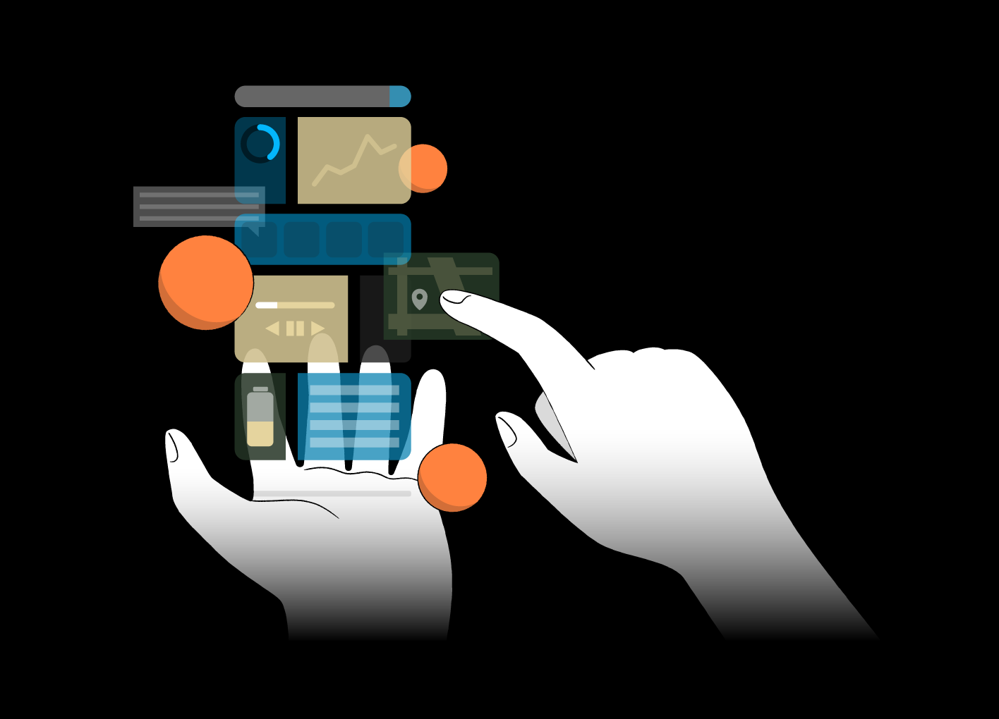 Asial - Custom Illustrations - Mobile Industry page: A future mobile device consisting of projected apps and widget panels.