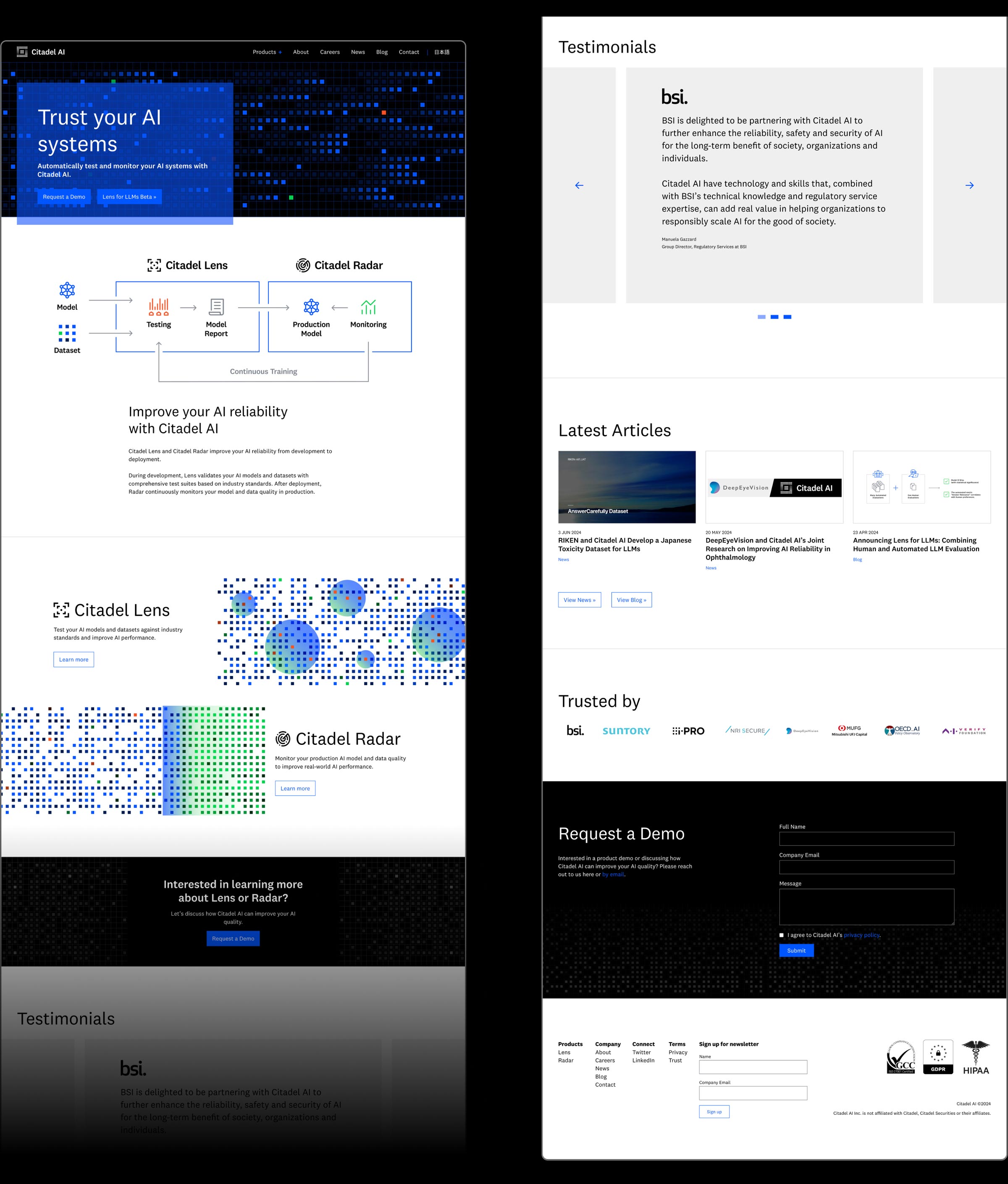 Citadel AI - Trustworthy AI. A desktop browser mockup with the UI/UX design of the website. Tokyo based design studio Bento Graphics provided research & strategy, wireframing, UI/UX design, responsive web design and web development.