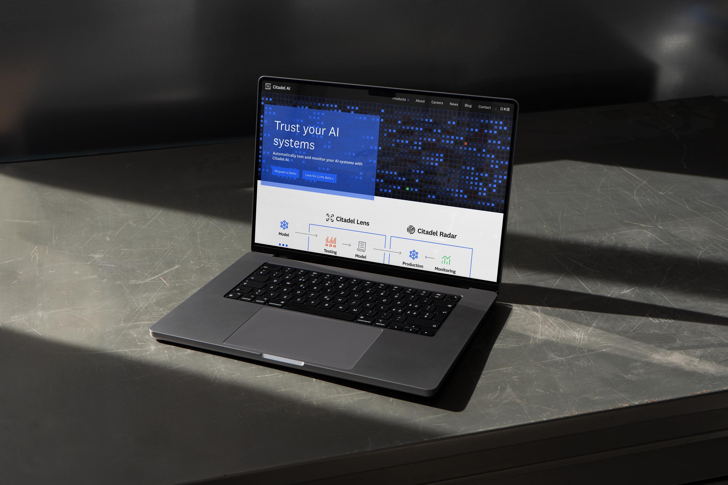 Citadel AI - Trustworthy AI. A laptop mockup with the UI/UX design of the website. Tokyo based design studio Bento Graphics provided research & strategy, wireframing, UI/UX design, responsive web design and web development.