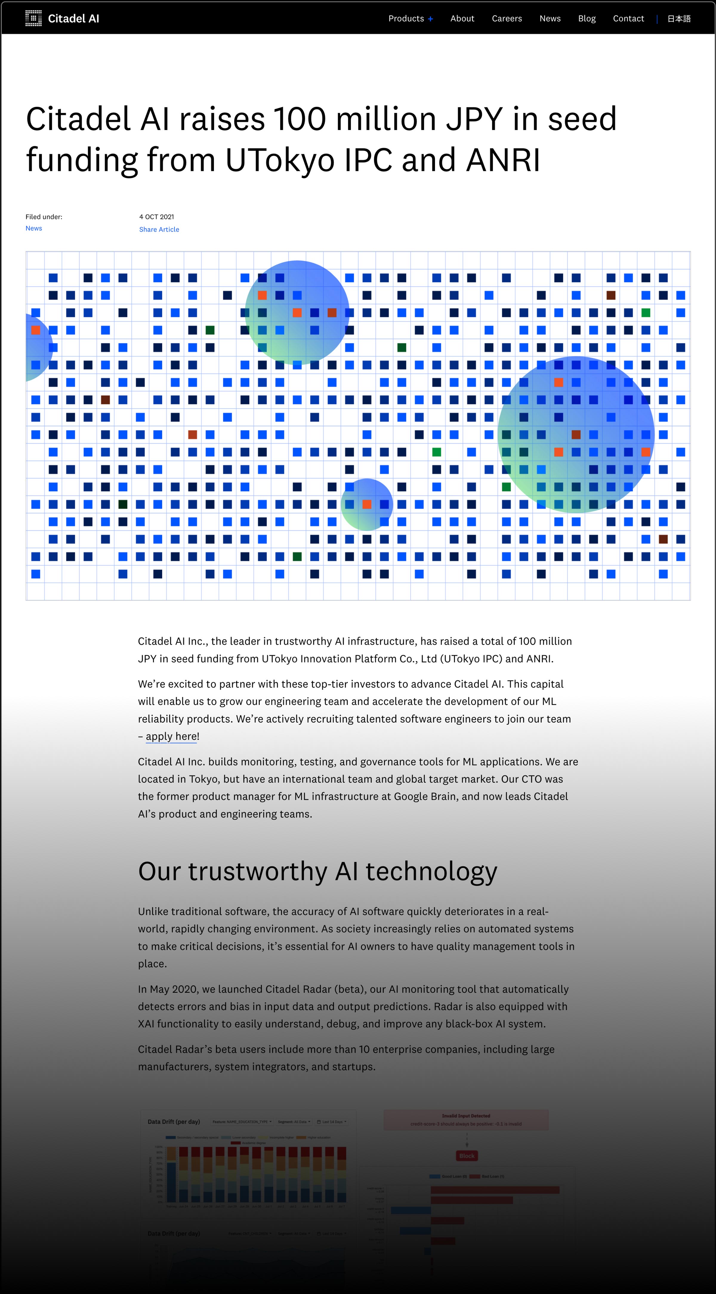 Citadel AI - Trustworthy AI. A desktop browser mockup with the UI/UX design of a sample article page showing the optimized typography. Tokyo based design studio Bento Graphics provided research & strategy, wireframing, UI/UX design, responsive web design and web development.