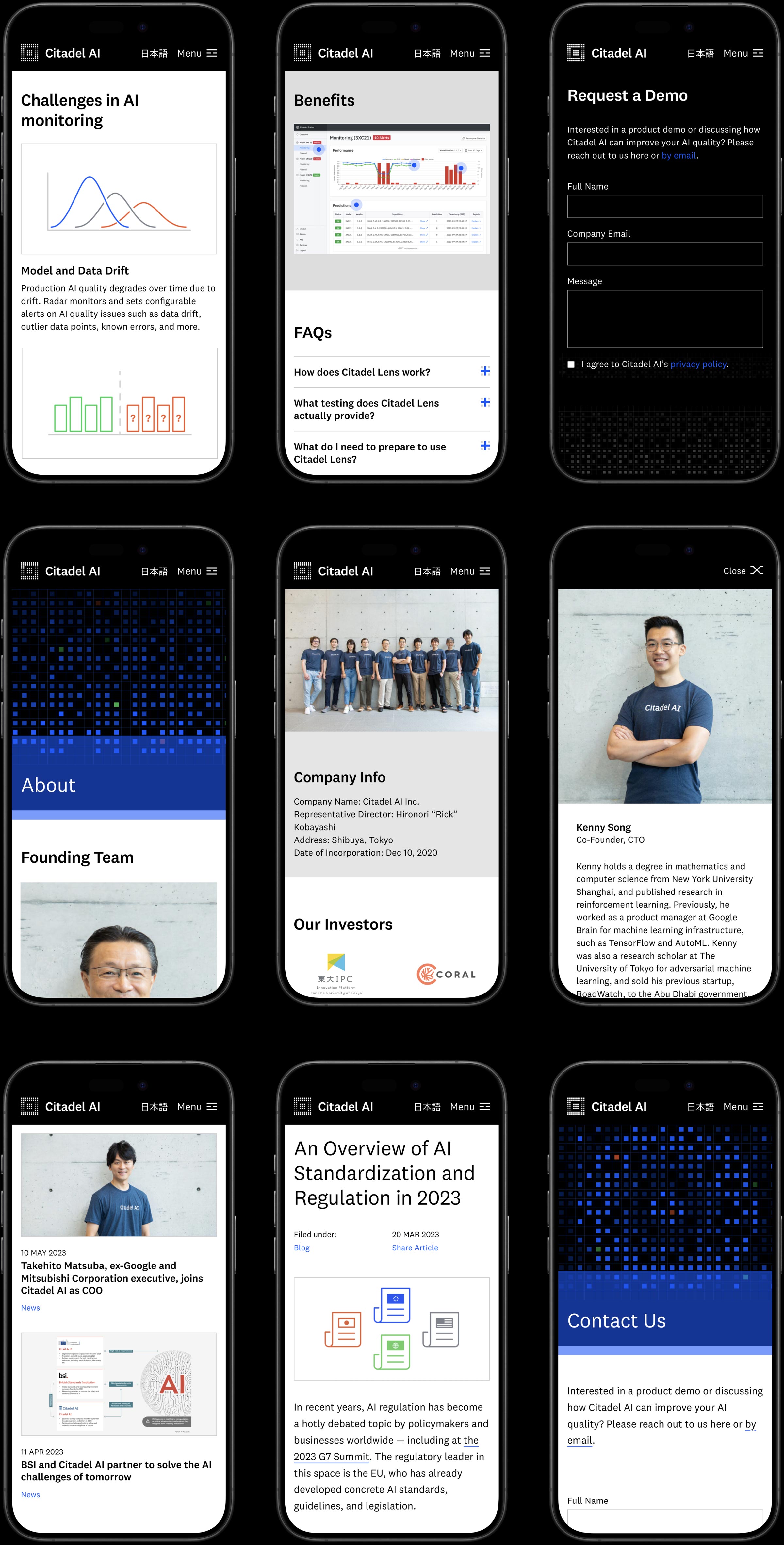 Citadel AI - Trustworthy AI. A mobile/smartphone browser mockup with the UI/UX design of the website. Tokyo based design studio Bento Graphics provided research & strategy, wireframing, UI/UX design, responsive web design and web development.