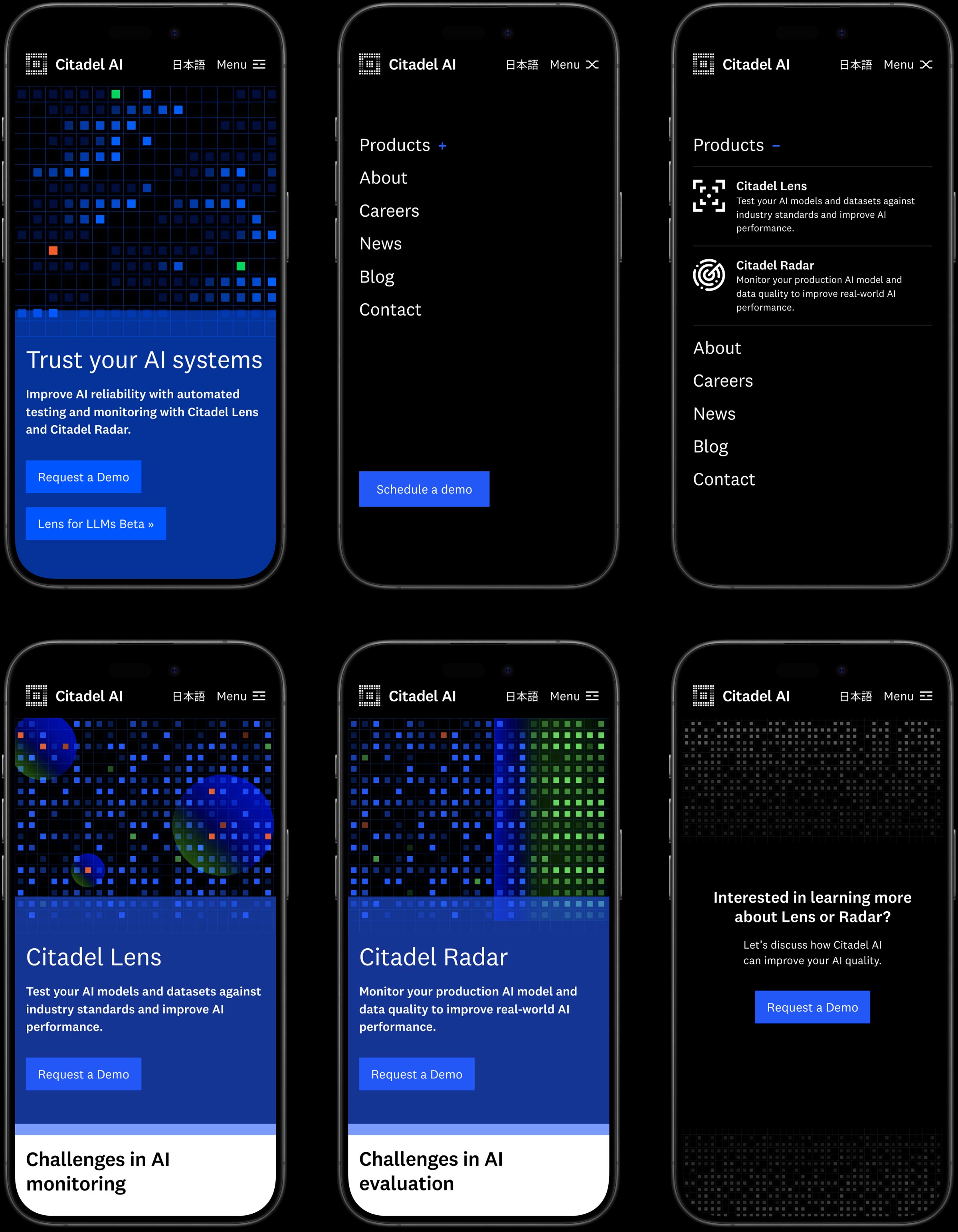 Citadel AI - Trustworthy AI. A mobile/smartphone browser mockup with the UI/UX design of the website. Tokyo based design studio Bento Graphics provided research & strategy, wireframing, UI/UX design, responsive web design and web development.